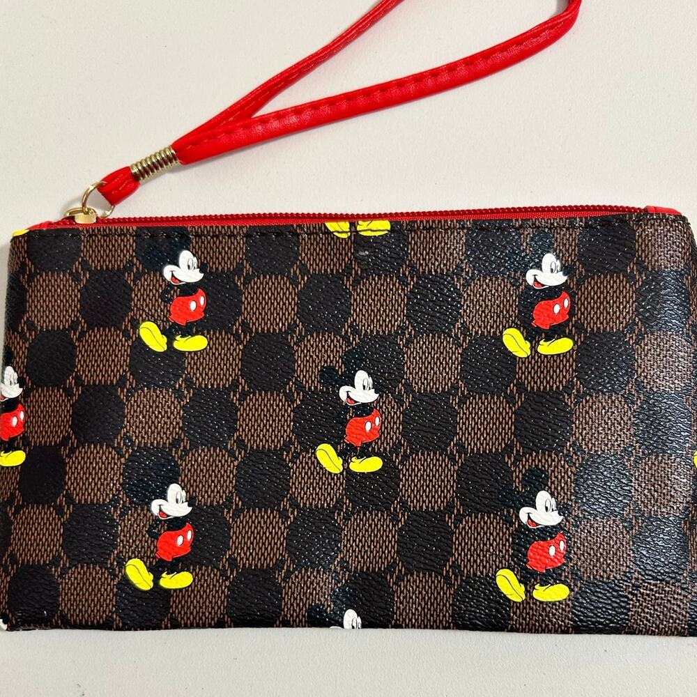 Mickey Mouse Wristlet Faux Leather Brown Checkered with Red Strap - Picture 3 of 10